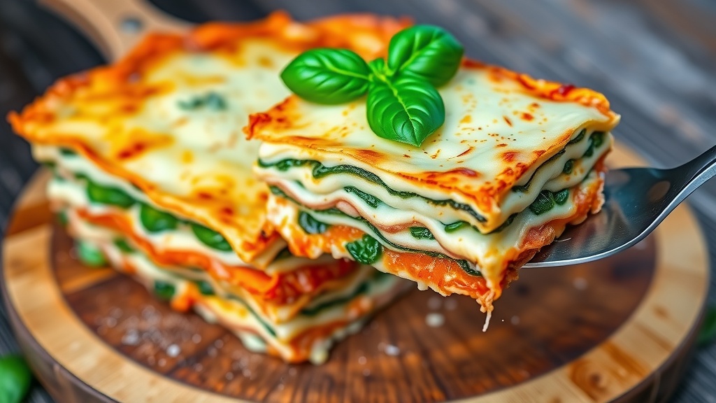 Savory Pork and Spinach Lasagna Recipe A hearty Pork and Spinach Lasagna with golden cheese, spinach layers, and a wooden serving spatula.
